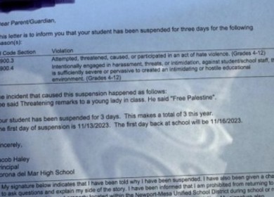 منع طفل في ولاية كاليفورنيا من دخول المدرسة لمدة 3 أيام بسبب قوله “فلسطين حرة”